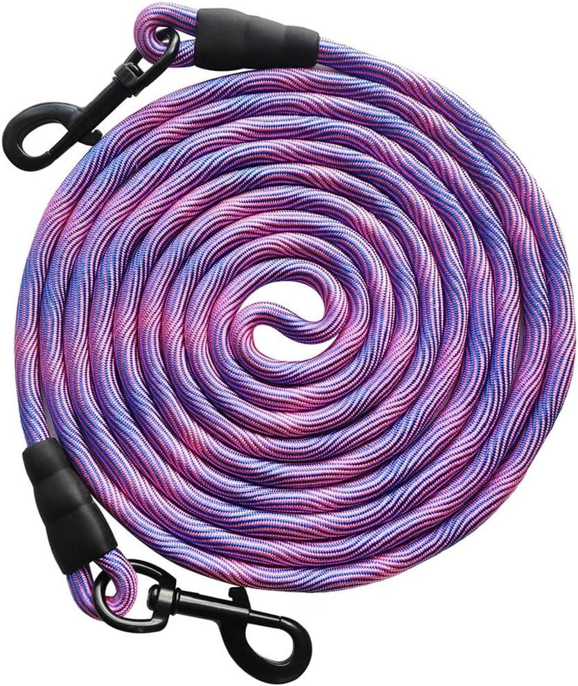 8Ft/12Ft/20Ft/30Ft/50Ft/75Ft Dog Tie-Out Long Tether Rope Leash, Outdoor Dog Lead for Yard- Large Medium Dogs Training, Playing, Camping, Backyard Leash (20Ft, Pink Blue)