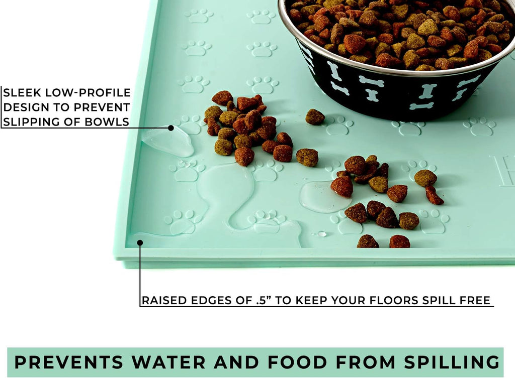 Food Mat Feeding Tray - Non-Slip, Anti-Spill, Raised Dog Food Bowl Mat, Easy Clean Waterproof - Premium Quality Silicone - Perfect for Dogs and Cats, 24"X16" (Cool Mint)