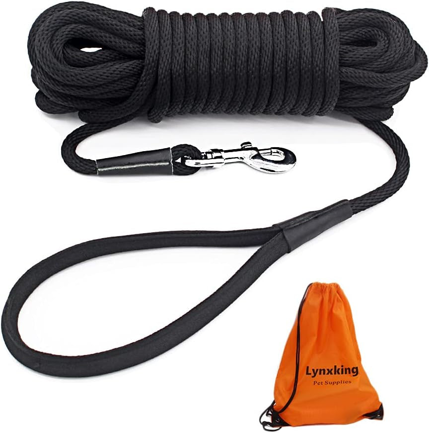 Check Cord Dog Leash Long Lead Training Tracking Line Comfortable Handle Heavy Duty Puppy Rope 10Ft 15Ft 30Ft 50Ft for Small Medium Large Dog Black