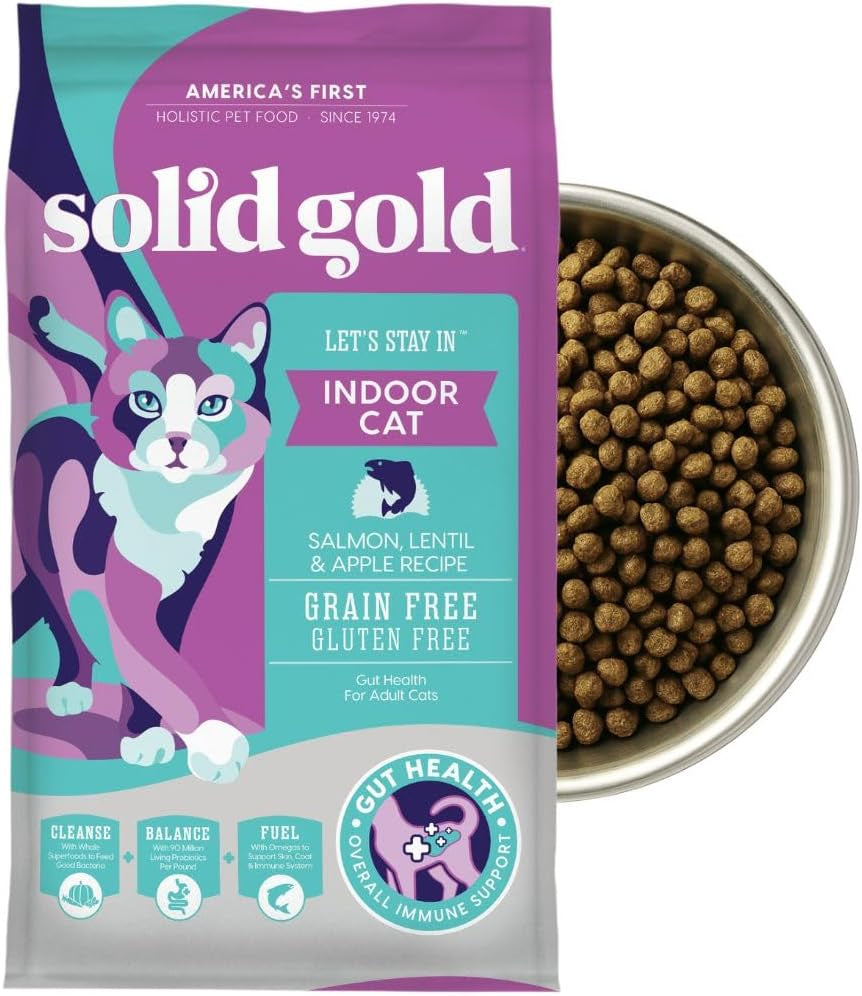 Indoor Dry Cat Food - Grain Free & Gluten Free - Salmon Cat Food Dry Kibble for Indoor Cats W/Probiotics & Fiber for Gut Health - Sensitive Stomach & Hairball Support for Adult Cats - 12LB