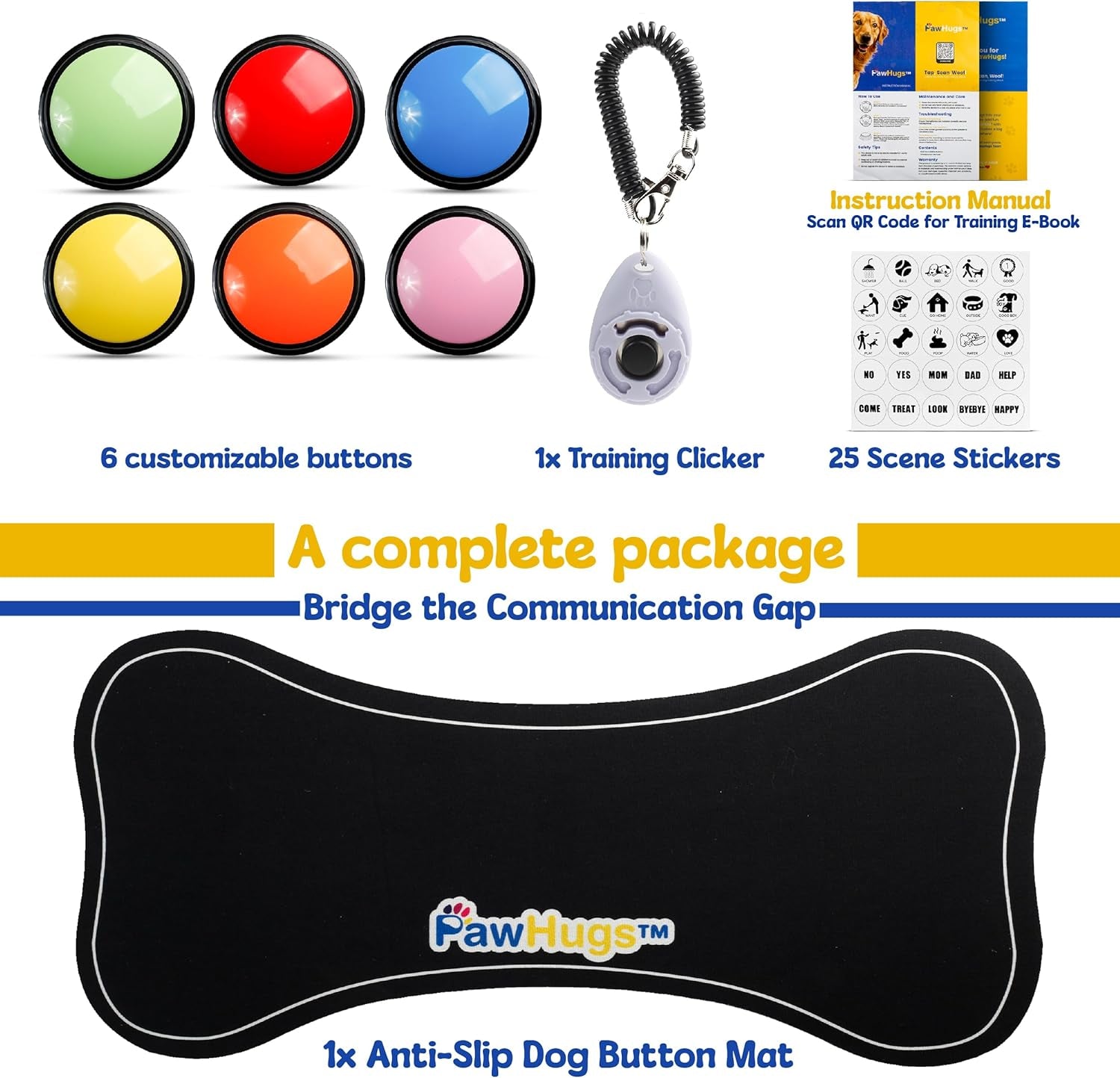 Dog Buttons for Communication with Mat & Clicker – 30S Recordable Dog Buttons Talk, Talking Buttons for Dogs, Gift for Dog Owners with Training Guide, Custom Stickers, and Clear Sound (6-Pack)
