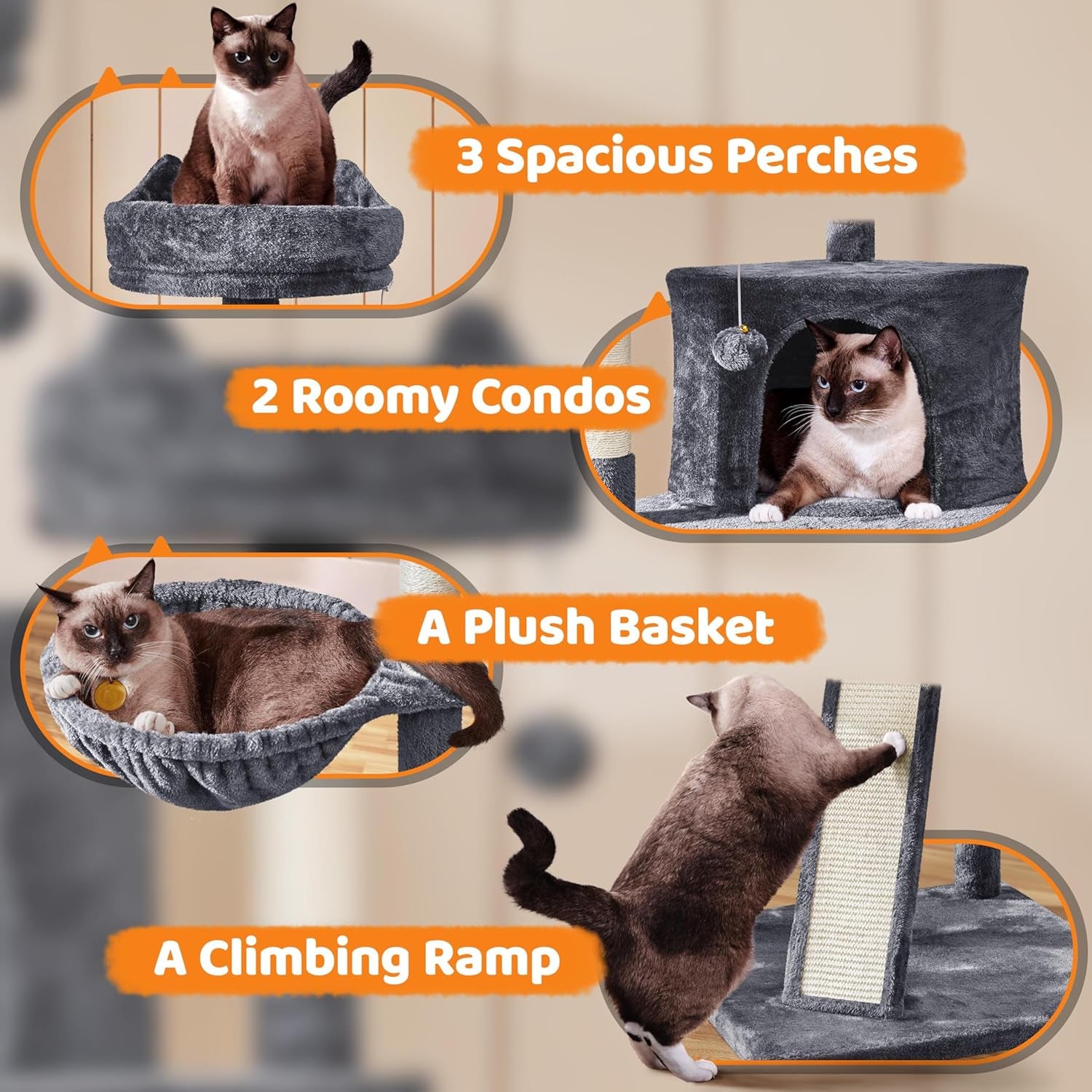 | 68.5In Cat Tree | for Large Cats | Multi-Level Cat Tower with 3 Wide Perches, Large Condo | Stable Pet Play House W/Sisal-Covered Scratching Posts & Board | Dark Gray