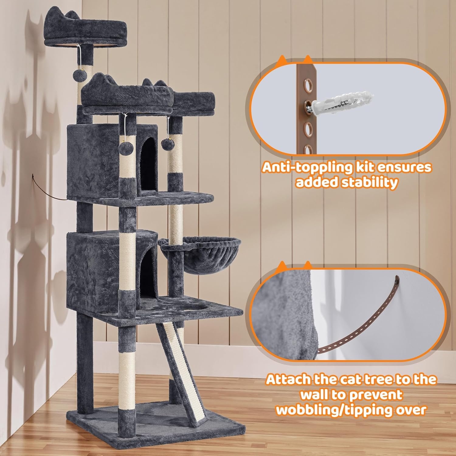 | 68.5In Cat Tree | for Large Cats | Multi-Level Cat Tower with 3 Wide Perches, Large Condo | Stable Pet Play House W/Sisal-Covered Scratching Posts & Board | Dark Gray