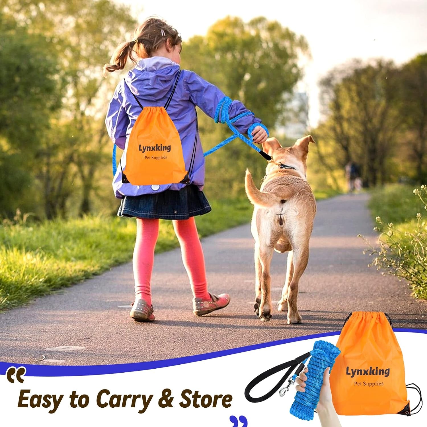 Check Cord Dog Leash Long Lead Training Tracking Line Comfortable Handle Heavy Duty Puppy Rope 10Ft 15Ft 30Ft 50Ft for Small Medium Large Dog Blue