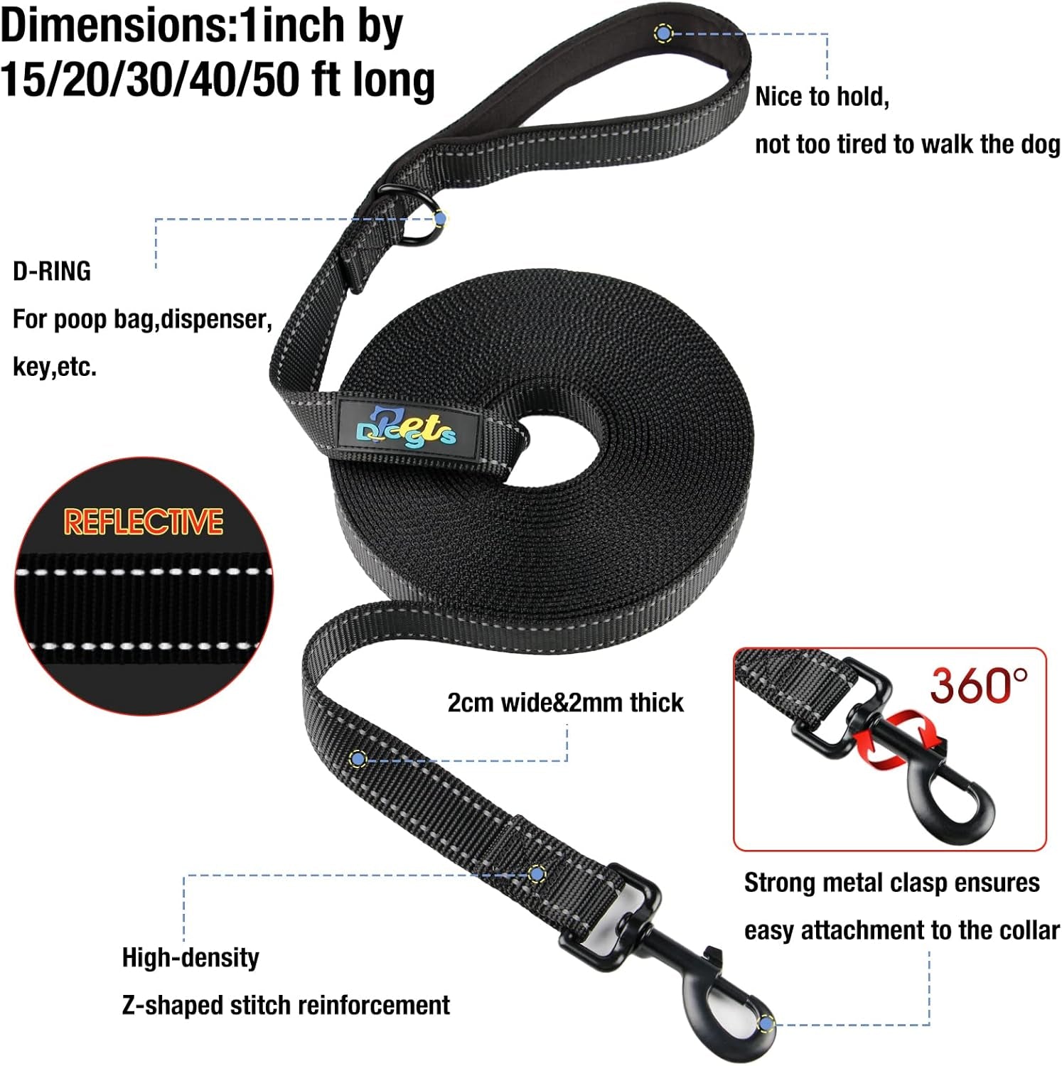 Long Leash for Dog Training 15Ft 20Ft 30Ft 50Ft 100Ft - Obedience Recall Training Lead for Large Medium Small Dogs - Great for Training Playing Camping Backyard (Black, 15FT)