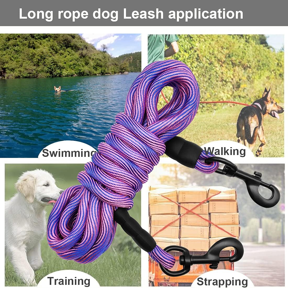 8Ft/12Ft/20Ft/30Ft/50Ft/75Ft Dog Tie-Out Long Tether Rope Leash, Outdoor Dog Lead for Yard- Large Medium Dogs Training, Playing, Camping, Backyard Leash (20Ft, Pink Blue)