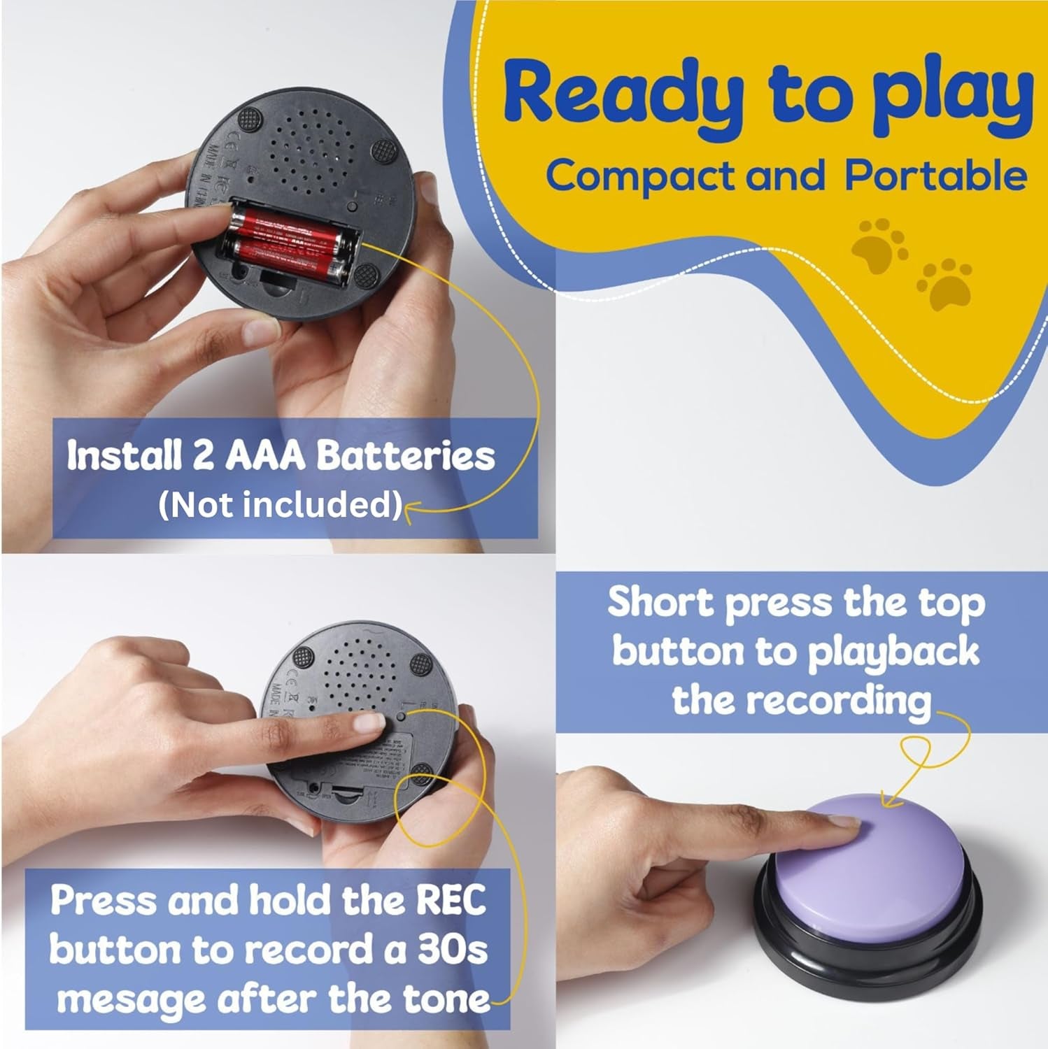 Dog Buttons for Communication with Mat & Clicker – 30S Recordable Dog Buttons Talk, Talking Buttons for Dogs, Gift for Dog Owners with Training Guide, Custom Stickers, and Clear Sound (6-Pack)