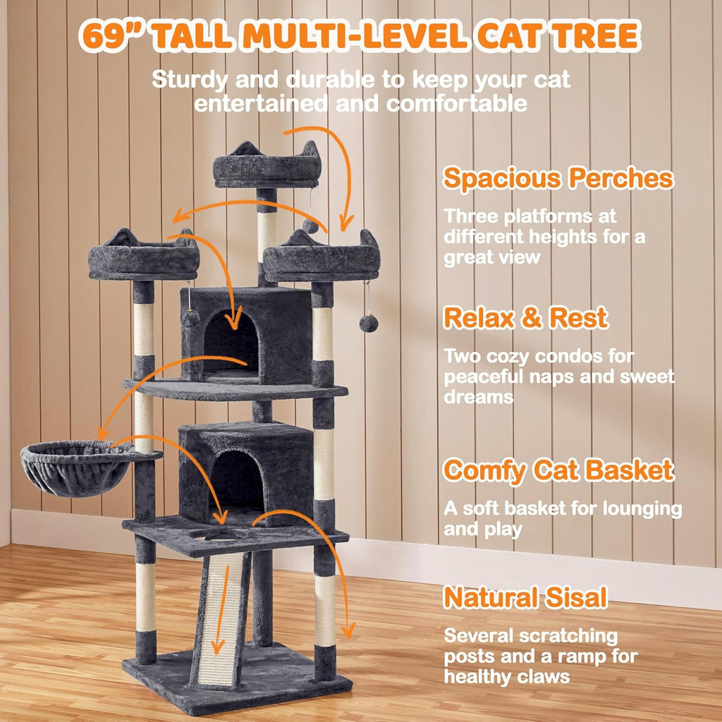 | 68.5In Cat Tree | for Large Cats | Multi-Level Cat Tower with 3 Wide Perches, Large Condo | Stable Pet Play House W/Sisal-Covered Scratching Posts & Board | Dark Gray