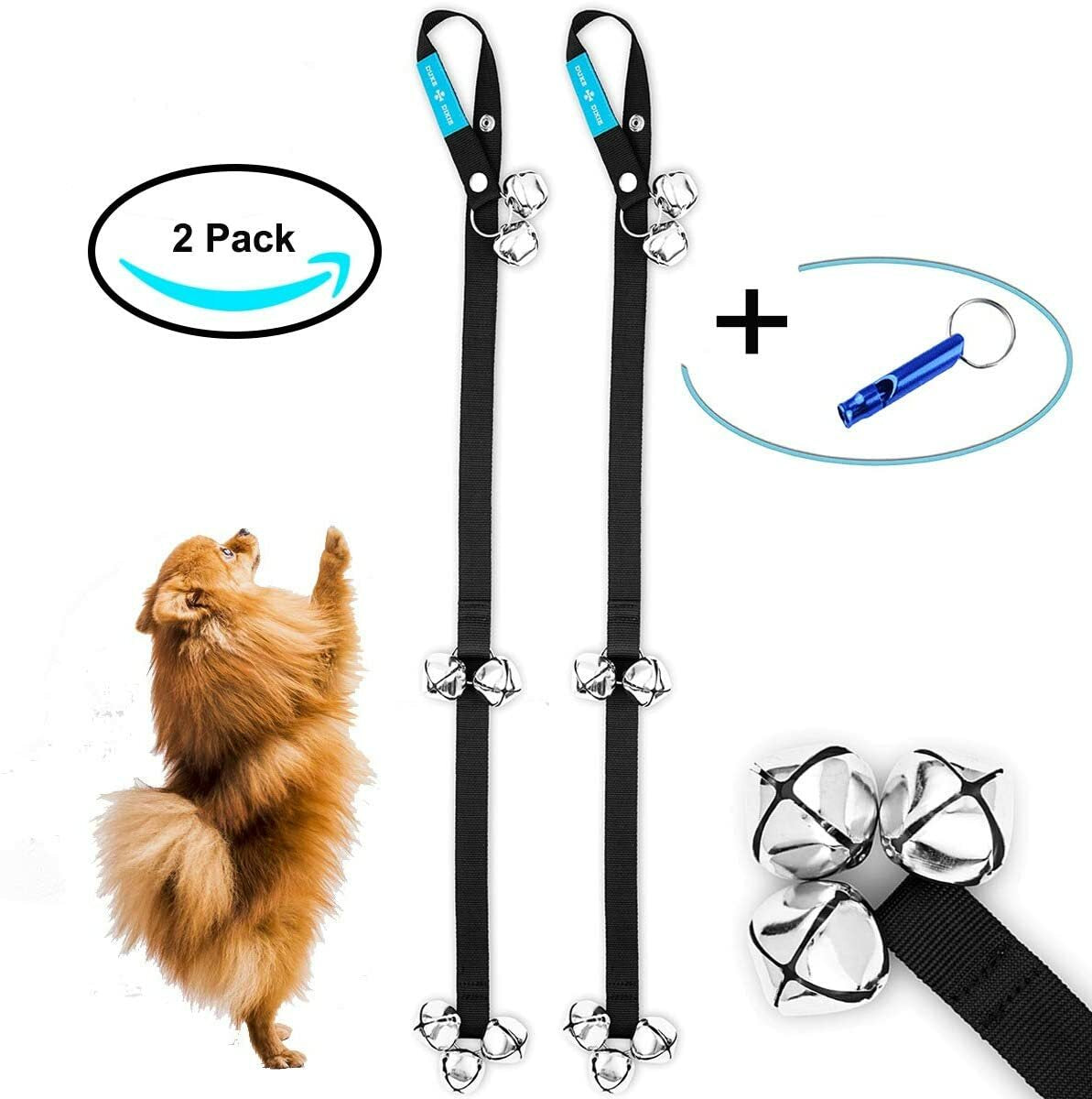 Dog Door Bell 2 Dog Doorbell for Potty Training 7 Large Bells + Whistle FREE